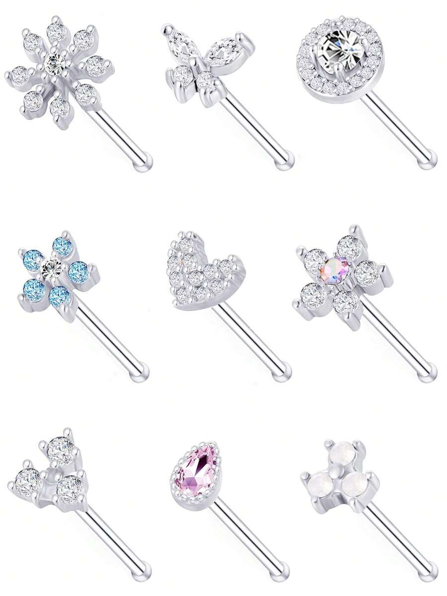 Bộ 9 khuyên mũi nữ tính tối giản, không gây dị ứng, làm bằng thép không gỉ, đính đá Zirconia lấp lánh và nhiều mặt dây chuyền hình dạng khác nhau, thích hợp làm trang sức xỏ khuyên và dự tiệc cho nữ. - Bạc - Xem 1