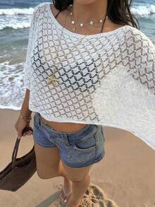 Bộ sưu tập áo len nữ mùa hè mới của SEREN, áo kiểu ren mùa xuân/hè, áo len dệt không đều, áo viền gợi cảm, trang phục đi biển, áo len mùa hè, trang phục ngày lễ. - trắng - Xem 7