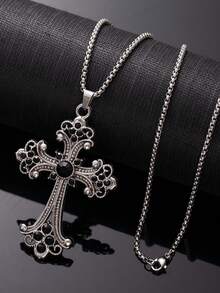 1件巴洛克十字项链，欧美嘻哈复古风格镶嵌大十字不锈钢项链，批发男士长款毛衣链和女士日常配饰 - 十字 - 查看 10
