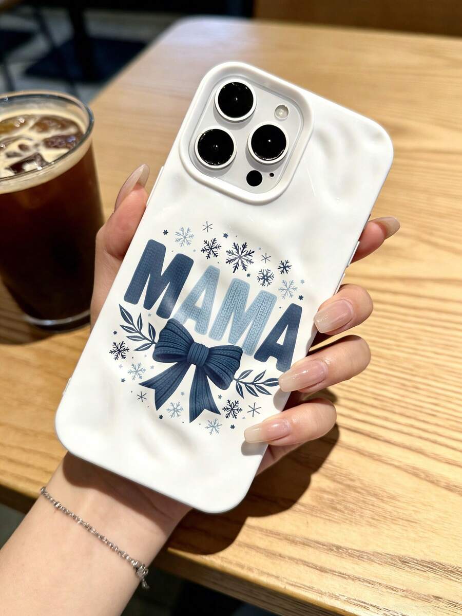 1pc Gentle Winter MAMA Bow Ripple Pleated Phone Case, Suitable For IPhone 17 Pro Max/17 Pro/16 Pro Max/16 Pro/16/15 Pro Max/15 Pro/15/14 Pro Max/14/13 Pro Max/13 Pro/13/12 Pro Max/12 Pro/12/11, Dustproof Waterproof Shockproof Soft Case - White - View 1