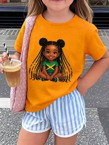 Young Girls Cute Jamaica Girl Graphic Print Short Sleeve T-Shirt, Summer - Orange - View 3