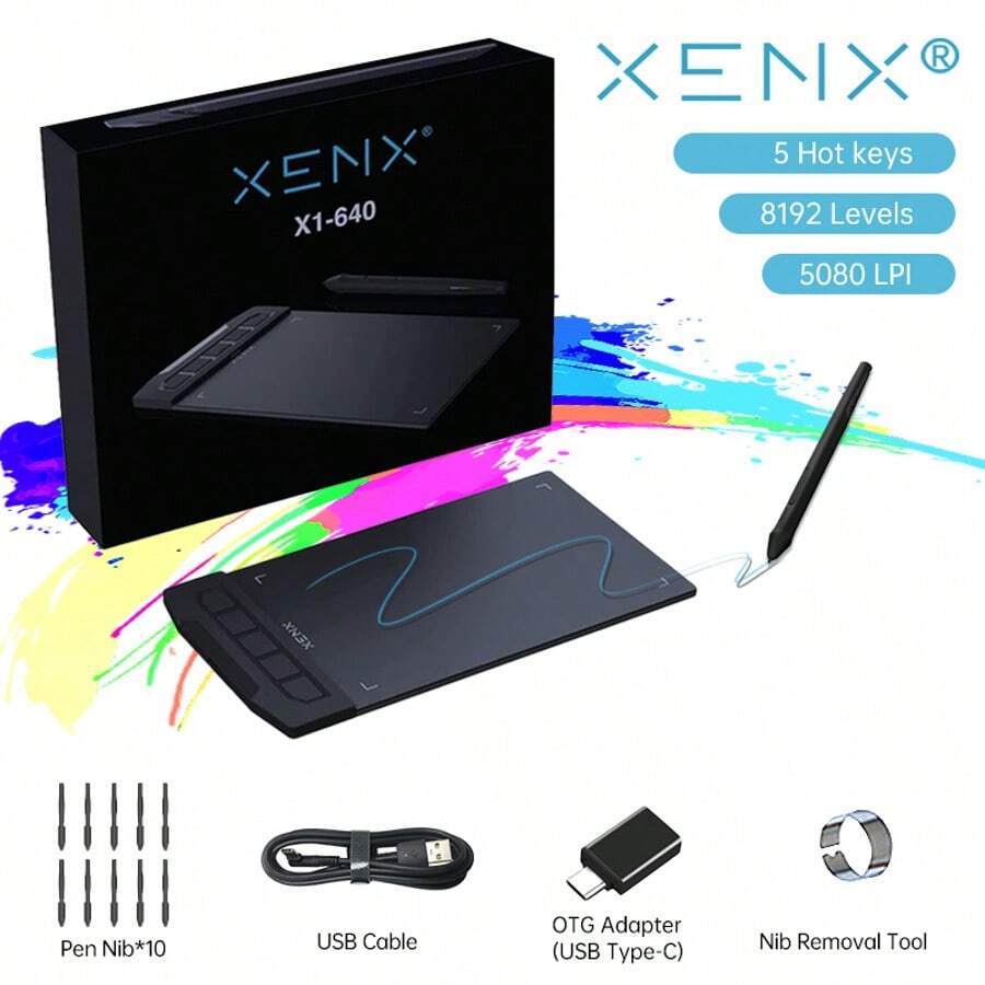 XENX X1-640 绘图板，配备无源笔，8192级压感，5个快捷键，6 x 3.74英寸，适用于数字艺术、设计和动画，兼容PC和移动设备。