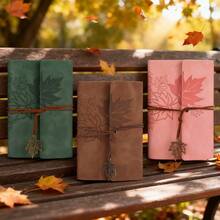 1pc Vintage PU Leather A7 Maple Leaf Spiral Notebook, Distressed Style With Strap, 3-Fold Loose-Leaf Diary Journal For Students, Learning, Travel, Stamping, Note-Taking - Notebook - View 3