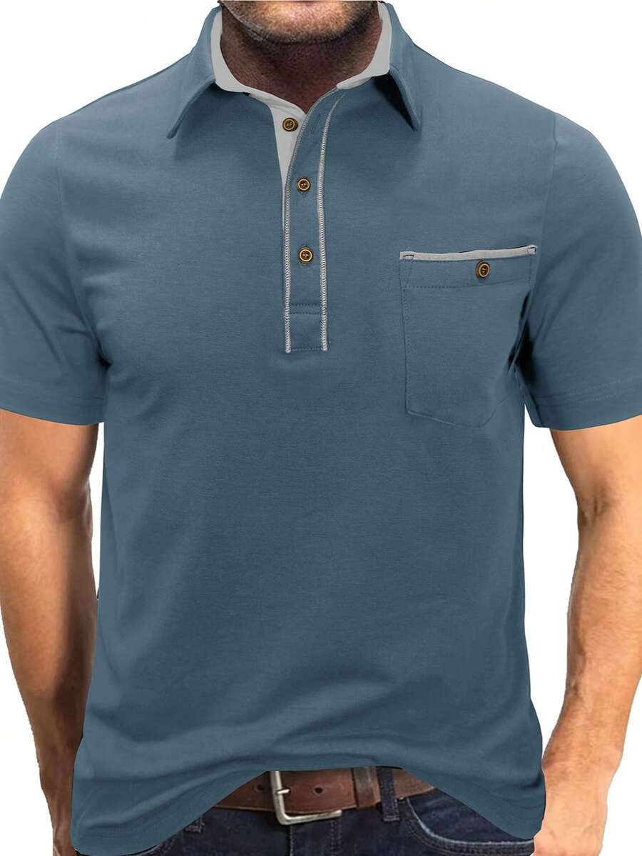 Plus Size Men's Fashion New Contrast Color Polo Shirt, Casual Solid Color Button Pocket Turndown Collar Top - Baby Blue - View 1