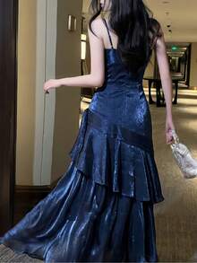 闪亮荷叶边下摆派对礼服，优雅炫彩吊带演唱会礼服，时尚伴娘正式生日毕业礼服，春夏婚纱 - 藏蓝色 - 查看 9
