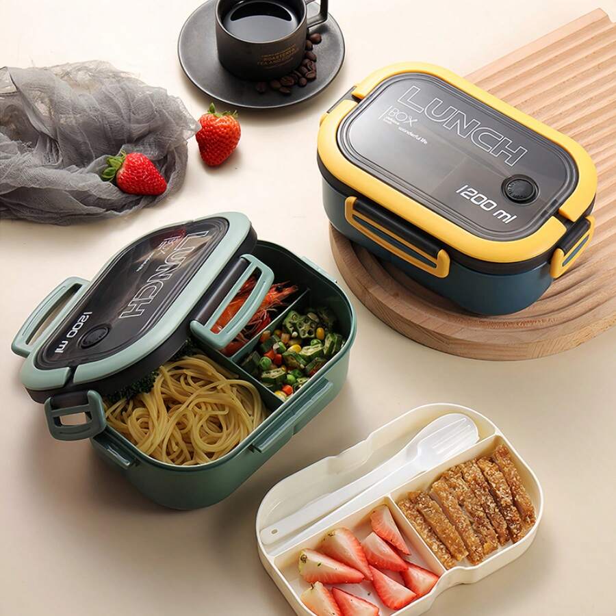 1pc Double-Layer Bento Lunch Box With Handle, Unisex Leak-Proof Reusable Lunch Container, Microwave & Dishwasher