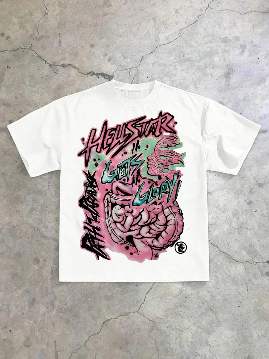 Hellstars No Guts No Glory Intestines Y2K Graphic T-Shirt,220g 100% Cotton,Round Neck Short Sleeve,White Streetwear Essential,Unisex Style - 白色 - 查看 1