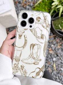 1pc Western Style Line Drawing Horse, Cow Bone & Musical Guitar Pattern Soft Anti-Slip Phone Case Compatible With IPhone 11/12/13/14/15/16 Pro Max Waterproof Shockproof Anti-Fall Scratch Resistant - style1 - 查看 3