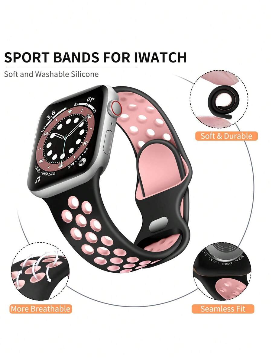 雙色透氣運動手錶錶帶，相容 38mm 40mm 41mm 42mm 44mm 45mm 49mm，男女適用，可調節舒適柔軟矽膠穿孔替換錶帶，適用 Series 11 10 9 8 7 6 5 4 3 2 1 SE Ultra 3 2 1，返校季夏季健身配件