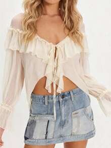 Women's Long Sleeve Blouse Front Tie Bow Casual Loose Fit Stylish Solid Color Sheer Ruffled V Neck Tops For Spring/Summer - Beige - View 1