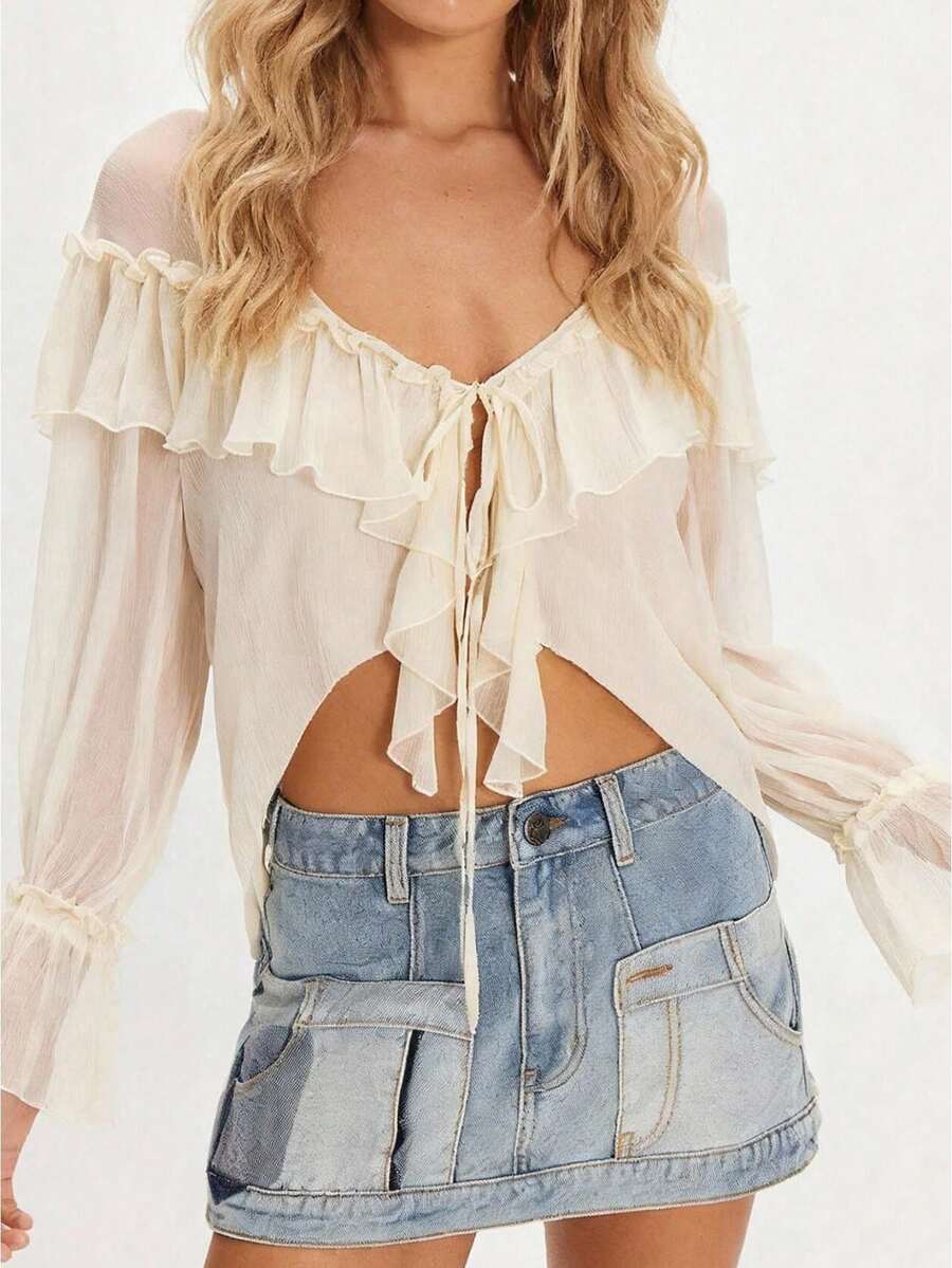 Women's Long Sleeve Blouse Front Tie Bow Casual Loose Fit Stylish Solid Color Sheer Ruffled V Neck Tops For Spring/Summer - Beige - View 1