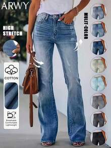 Quần jeans ống loe dáng slim fit ARWY màu bạc phai dành cho nữ, kiểu dáng thanh lịch, phóng khoáng, thích hợp mặc hàng ngày, đi chơi tối, đi nghỉ mát, Halloween, Lễ Phục Sinh và mọi mùa xuân. - Rửa tối - Xem 1