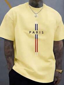 Men's Casual 100% Cotton Soft Crew Neck T-Shirt Daily Wear, High-Quality Plus-Size Pure Cotton Menswear,Mens Cotton T-Shirt, Paris Graphic Design, - 黃色 - 查看 1