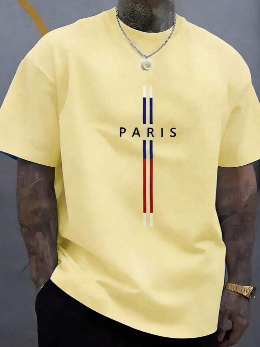 Men's Casual 100% Cotton Soft Crew Neck T-Shirt Daily Wear, High-Quality Plus-Size Pure Cotton Menswear,Mens Cotton T-Shirt, Paris Graphic Design, - 黃色 - 查看 1