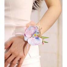 Flower Wrist Corsage Wedding Bridal Prom Artificial Moth Orchid Ribbon Wristlet Bridesmaid Hand Dr Wristband For Hoing Ceremony Party (Orchid -  Brown),44372779 - 藍色 - 查看 5