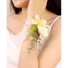 Flower Wrist Corsage Wedding Bridal Prom Artificial Moth Orchid Ribbon Wristlet Bridesmaid Hand Dr Wristband For Hoing Ceremony Party (Orchid -  Brown),44372779 - 黑與白 - 查看 2