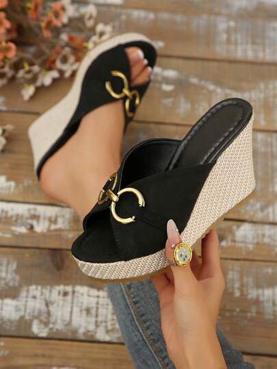European And American Fashionable Women's Wood Grain Platform Sandals, Plus Size Wedge Thick Bottom Waterproof Ankle Boots, Summer Outdoor Slip-On Chunky Heel Sandals
