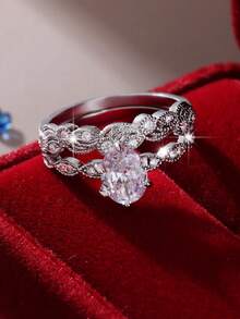 Bộ 2 nhẫn cưới nữ thanh lịch, nhẫn hình bầu dục cổ điển sáng bóng đính đá Cubic Zirconia tổng hợp, nhẫn đôi, tượng trưng cho sự sang trọng và quý phái, chế tác những chiếc nhẫn đính hôn/cưới duyên dáng và đẹp mắt. - Bạc - Xem 2