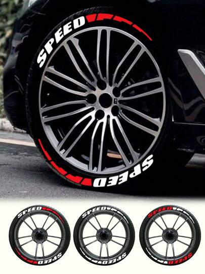 2个装小猪赛车轮胎字母贴纸，增强轮胎柔韧性，几何橡胶汽车轮胎字母贴纸，白色“SPEED”字母搭配红色条纹，DIY SPEED汽车轮胎贴纸，PE材质PVC橡胶贴花，适用于摩托车和汽车轮毂装饰，SPEED字母搭配条纹，多种颜色可选，4个装（2个轮胎）/8个装（4个轮胎），适用于所有车型 - 完美定制您的轮毂（不含胶水）