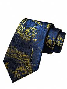 1/2/3/4/5 Pcs Set Navy Blue & Gold Paisley Necktie, Pocket Square, Silver Tie Clip, Cufflinks And Lapel Pin, For Men's Workplace, Business, Meetings, Weddings - Navy Blue - View 2