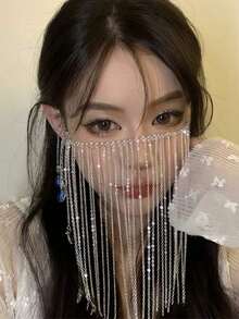 1pc Exquisite & Appealing Face With Tassel Decor And Earring Hook, Photo Props, Suitable Masquerade, Festivals And Parties Back To School - 銀色 - 查看 4