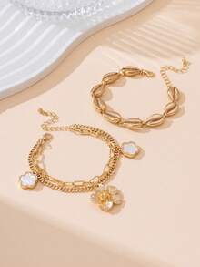 一套经典时尚百搭夏季海滩海洋风贝壳脚链和一条金色纹理雏菊白色四叶草吊坠脚链（女士款） - 金黃色 - 查看 3