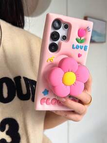 Heart S25/S23/S24 Phone Case, Pink Floral Design With Expandable Stand, Silicone Case Compatible With Samsung A16, A25, A36, S24 Ultra, S23, S22, S24 Plus - Pink - View 4