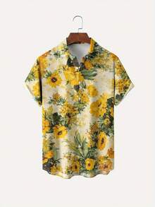 Golden Sunflower Field Pattern Symbolizes Vitality Warmth And Optimism Spreading Sunshine Through Artful 3D Print Summer Short Sleeve Casual Men's Button Up Shirt - 白色 - 查看 1