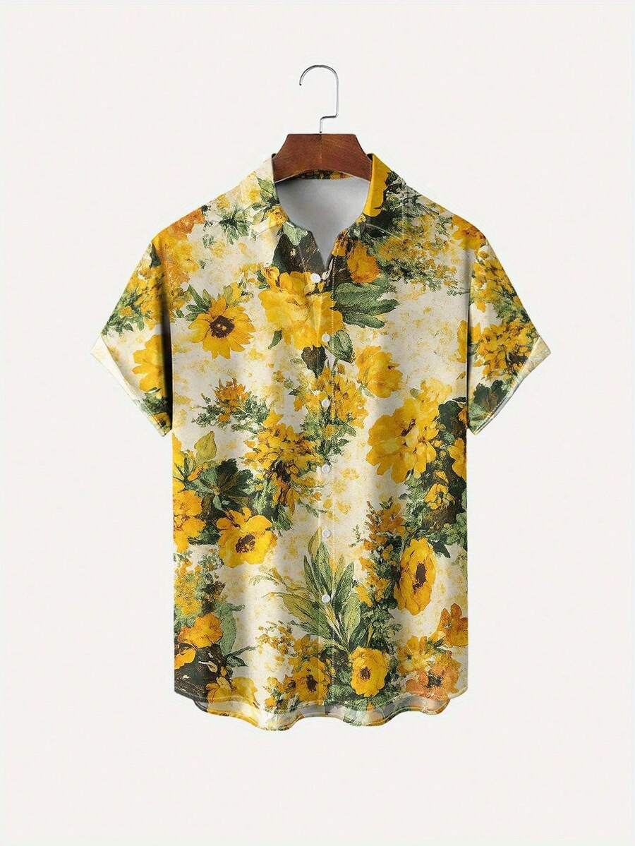 Golden Sunflower Field Pattern Symbolizes Vitality Warmth And Optimism Spreading Sunshine Through Artful 3D Print Summer Short Sleeve Casual Men's Button Up Shirt - 白色 - 查看 1