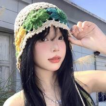 Women's Oversized Handmade Crochet Beanie Hat, Lightweight Breathable Hollow Out Knitted Hat With Tassel, Sweet Slouchy Design Cap For Summer Outdoor Activities - 花朵流蘇-米色(花朵顏色隨機) - 查看 9