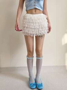 A Pair Of Sweet Girl-Style Satin Wooden-Earbud Lace Mid-Thigh Stockings. Multi-Color Open Mesh Lace Flowered Stockings Suitable For Revealing Style In Spring And Summer. Spring/Summer Lolita J.K. Style Girl Accessories. - Màu xanh lam - Xem 6