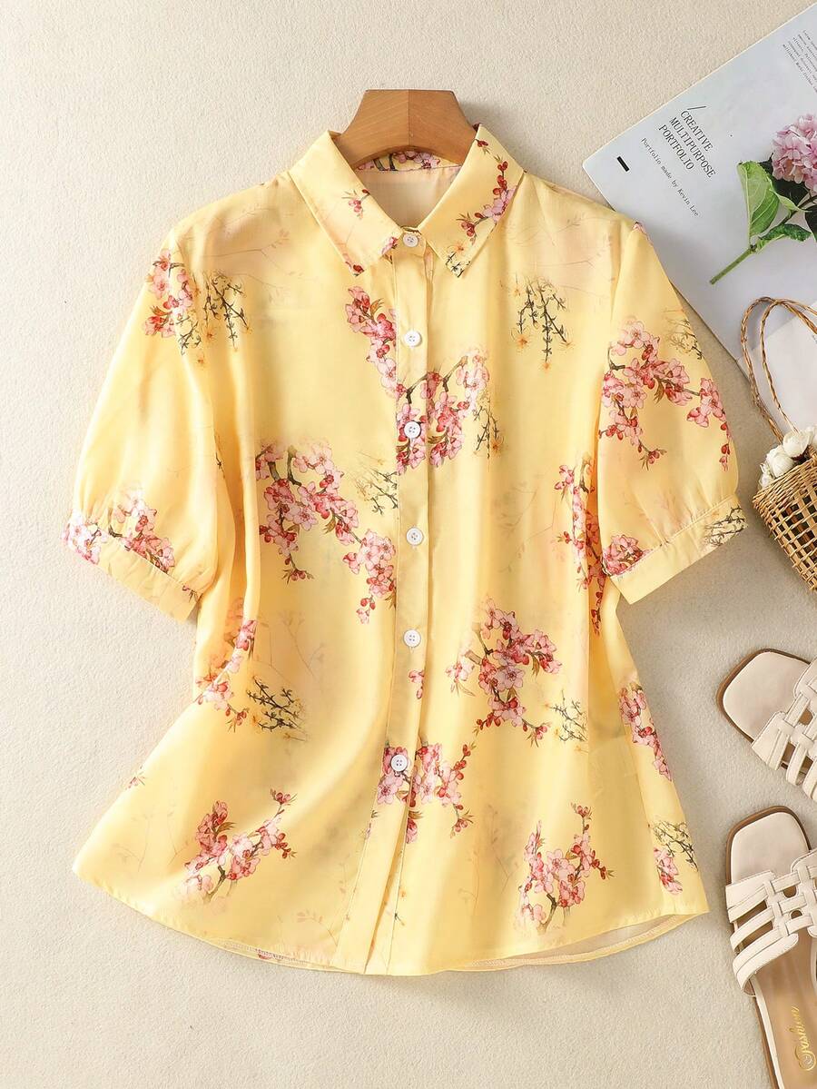 Women's Short Sleeve Button-Up Shirt, All-Over Leaf Print, Casual Collared Blouse, Suitable For Dates, Travels, Birthday Parties, Spring, Summer, Autumn Holiday Evenings Vacation - Yellow - View 1