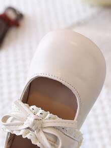1 đôi giày bé gái mũi tròn đơn giản có viền ren, giày lười thắt nơ thanh lịch cho mùa xuân và mùa thu. - Màu be - Xem 7