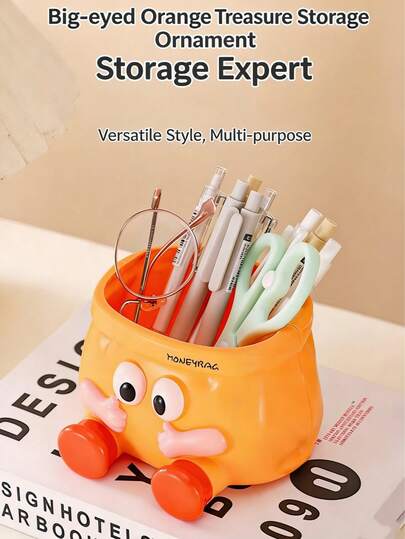 Hộp đựng đồ đa năng màu cam mắt to đáng yêu, có thể để trên bàn hoặc treo tường, dùng để đựng bút, đồ trang điểm, điều khiển từ xa và đồ dùng phòng tắm, vật trang trí nhà cửa dễ thương.
