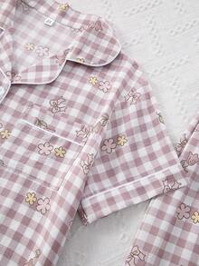 3件套女士花卉蝴蝶结印花褶皱质感睡袍睡衣套装 - 藕粉色 - 查看 4