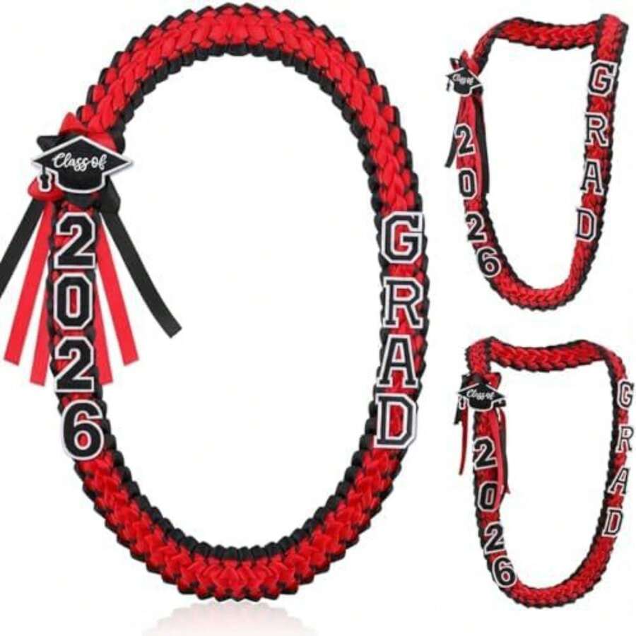 Class Of 2026 Double Braided Ribbon Graduation Necklace, Handmade Woven Graduation Lei Honor Cord, Elegant Satin Academic Garland Accessory For Ceremony Outfit, St. Patrick's Day Lucky Grad Gift, Perfect Easter Spring Keepsake & Party Favor For High School College Students & BFF - Đỏ và đen - Xem 1