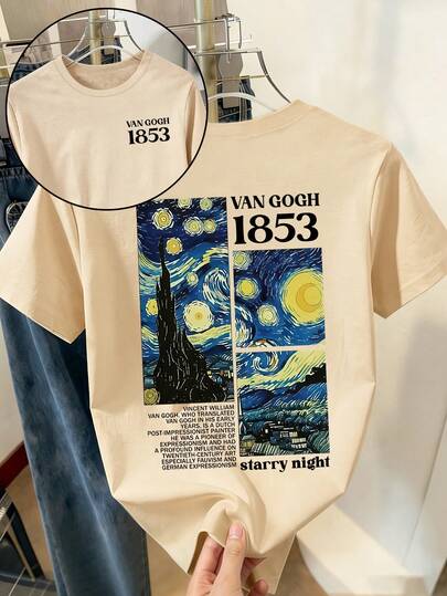 Camiseta casual para mujer, tributo a la obra maestra de Van Gogh "La noche estrellada" y patrón numérico de 1853, cómoda y versátil para primavera/verano, con cuello redondo y manga corta, estampada de manera elegante