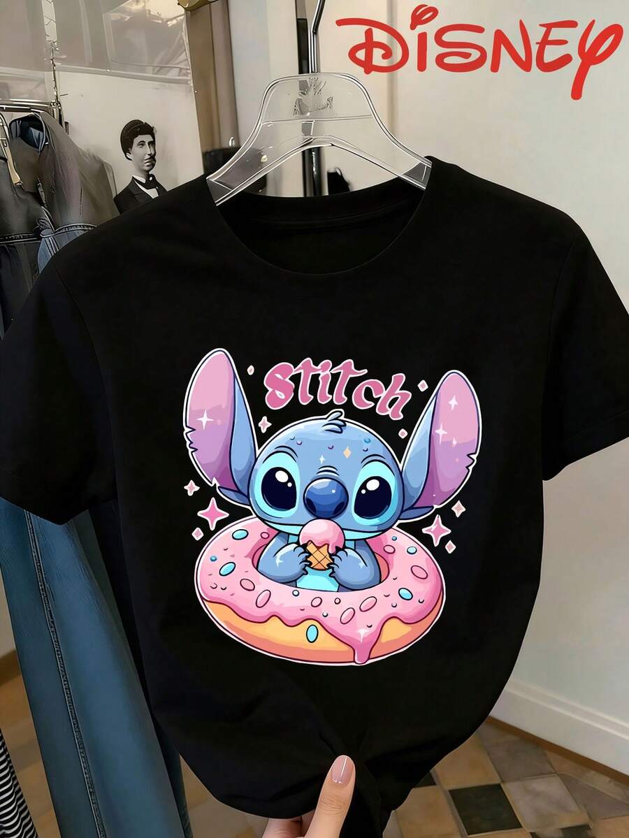 Disney Stitch Donut Print, Summer Women's Casual Round Neck Short Sleeved T-Shirt, Comfortable Fabric - 黑色 - 查看 1