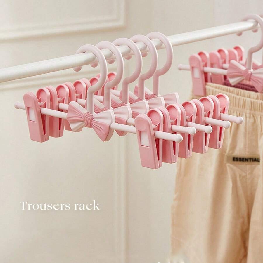 Adjustable Kids & Adults Pants Hangers With Clips, Cute Bowknot Skirt Hangers, Non-Slip Clothes Drying Rack For Home Use - Pink - View 1