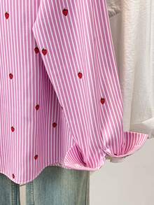 Camicia da donna a maniche lunghe con colletto polo a righe e stampa a fragole, top casual da lavoro per ufficio, pendolarismo, vacanza, casa, primavera estate autunno - Fragola rosa - Visualizzare 8