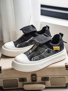 牛仔布拼接魔术贴帆布鞋，厚底休闲运动鞋，拉链设计滑板鞋 - 黑色 - 查看 1