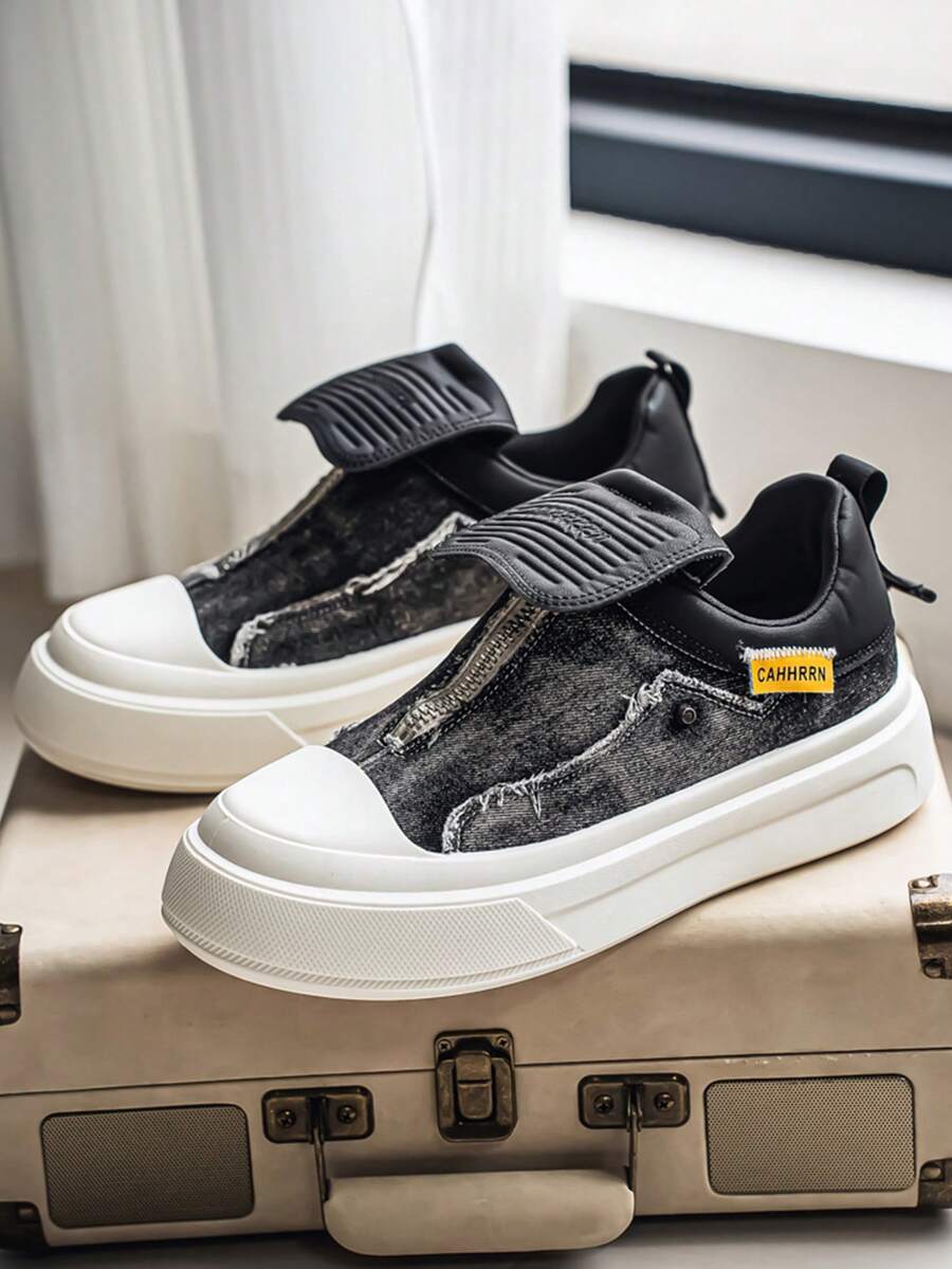 牛仔布拼接魔术贴帆布鞋，厚底休闲运动鞋，拉链设计滑板鞋 - 黑色 - 查看 1