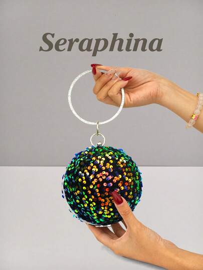 Colorful Sequin Round Ball Evening Bag, Rhinestone Circular Handle, Suitable For Fashionable Women Attending Parties, Galas, Weddings, Pairs Perfectly With Formal Dresses, Also Makes A Great Gift For Women
