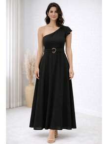 Elegant One-Shoulder Viscose Linen Long Dress For Parties - Black - View 2