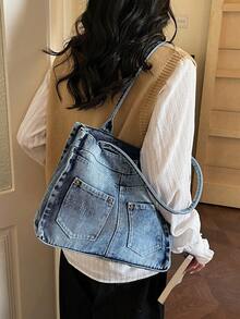 Nueva bolsa de hombro tipo tote de jeans lavados con estilo casual y chic, diseño exclusivo, bolso de mano fashionable para la calle, adecuado para compras y viajes, perfecto para la chica vaquera - Azul - Ver 7