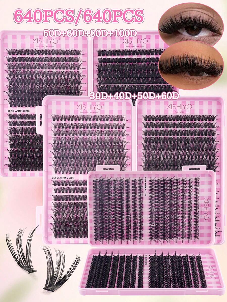 640pcs D-Curl Synthetic Eyelash Set, Includes 30D+40D+50D+60D/50D+60D+80D+100D/- Handmade, High-Quality D-Curl Synthetic Eyelashes, Natural Curl, Customizable Eyelash Set - Reusable, Lightweight And Easy To Use, Eyelash Extension, Natural Lashes, Large Eyelash Extension, Eyelash Set
