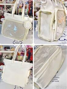 Tas Bahu Nilon Gaya Preppy Jepang Terbaru dengan Dompet Bulat Kecil dan Jendela Transparan, Tas Ita Bag untuk Mahasiswa, Tas Selempang Besar - Hitam - View 6