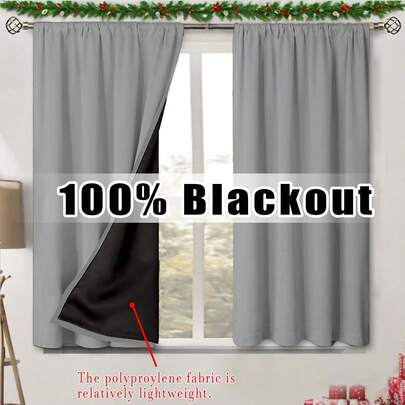 2pcs Grey Blackout Small Window Curtains, Rod Pocket Top, Lightweight, Black Lining, Polyester Fabric, Suitable For Kitchen, Bedroom, Cafe, Office, Room Darkening, Summer Sun Shading