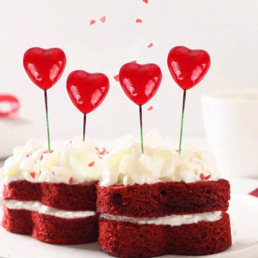 10pcs Red Heart Cake Decorations, Cake Toppers - A - View 1