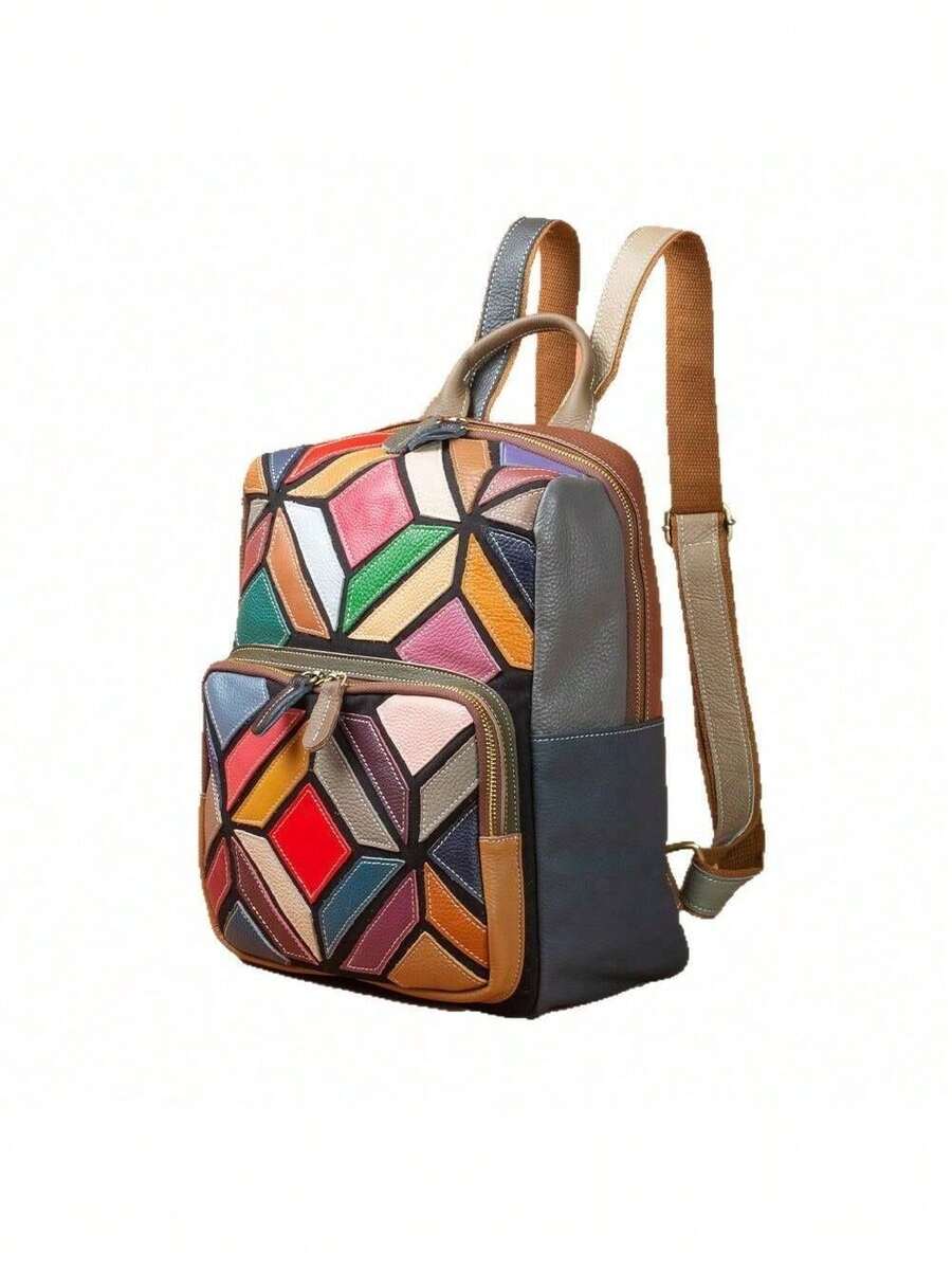 New Genuine Leather Women's Bag, Colorful Casual Boho Geometric Pattern, Contrasting Color Casual Women's Backpack. - 彩色 - 查看 1